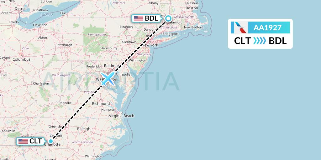 AA1927 American Airlines Flight Map: Charlotte to Windsor Locks