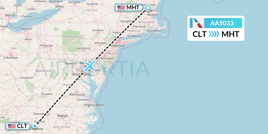 AA5033 American Airlines Flight Map: Charlotte to Manchester