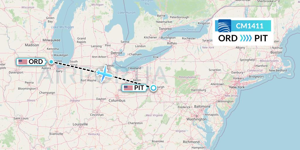 CM1411 Copa Airlines Flight Map: Chicago to Pittsburgh