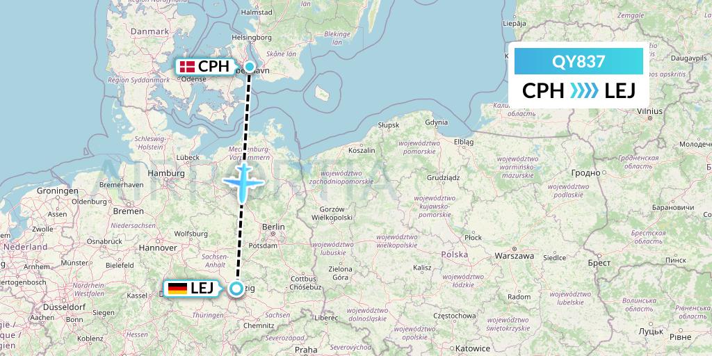 QY837 European Air Transport Flight Map: Copenhagen to Leipzig