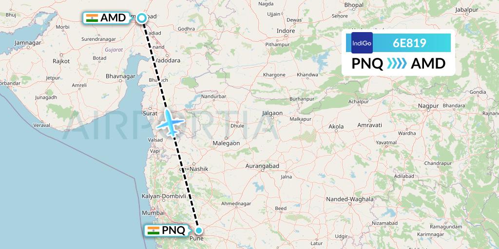 6E819 IndiGo Airlines Flight Map: Pune to Ahmedabad