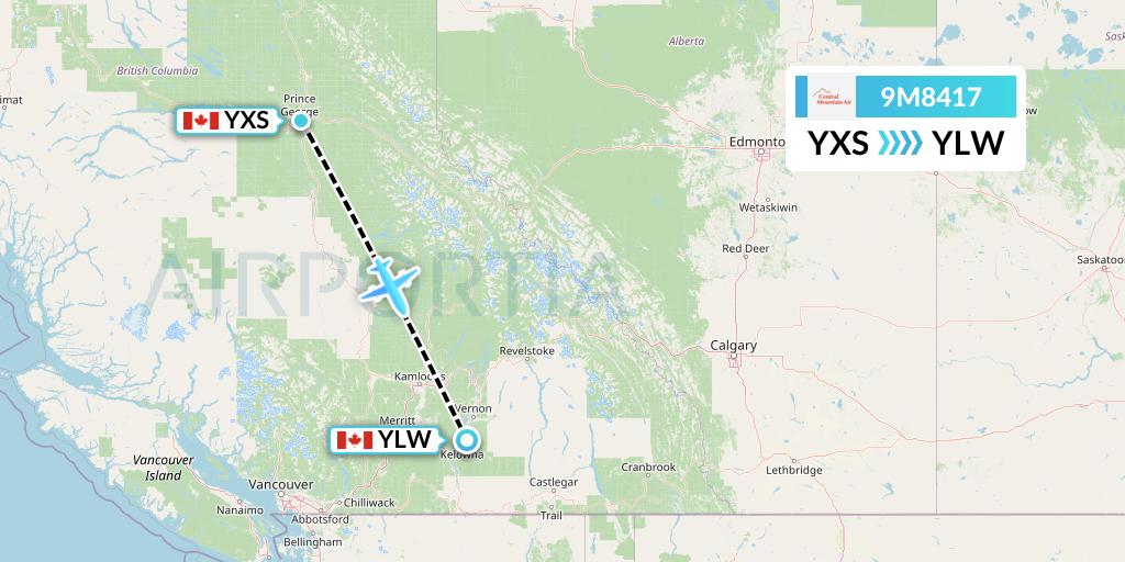 9M8417 Central Mountain Air Flight Map: Prince George to Kelowna