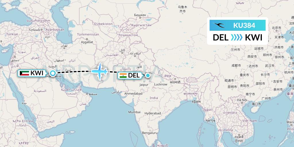 KU384 Kuwait Airways Flight Map: Delhi to Kuwait City