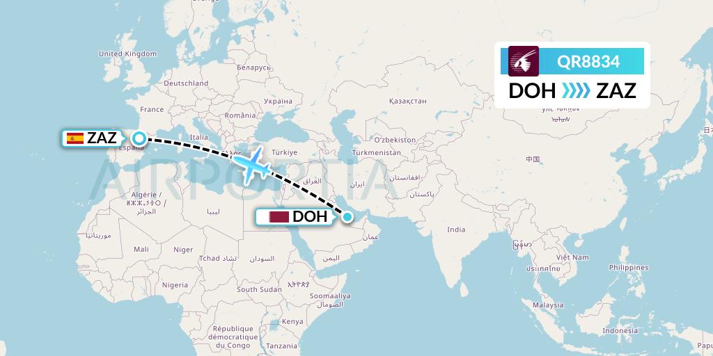 QR8834 Qatar Airways Flight Map: Doha to Zaragoza