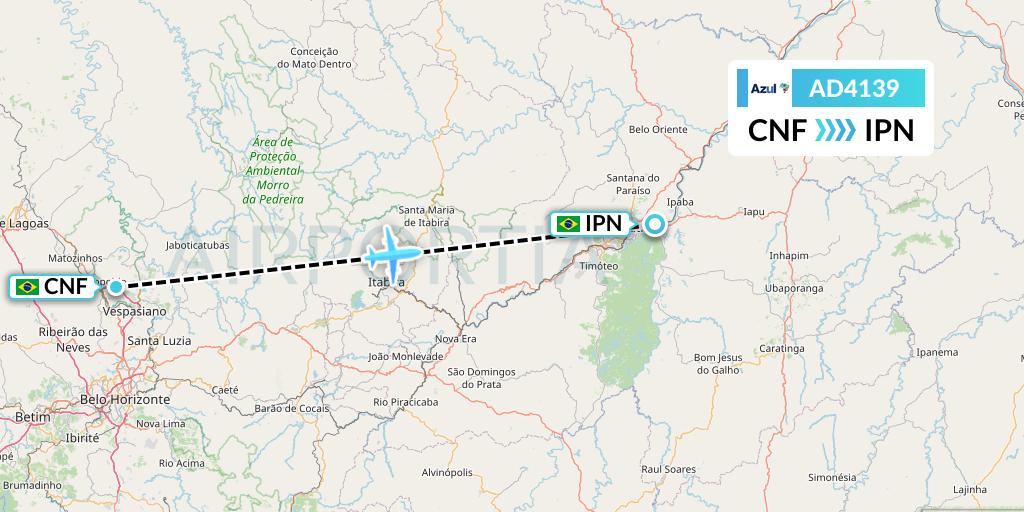 AD4139 Azul Brazilian Airlines Flight Map: Belo Horizonte to Ipatinga