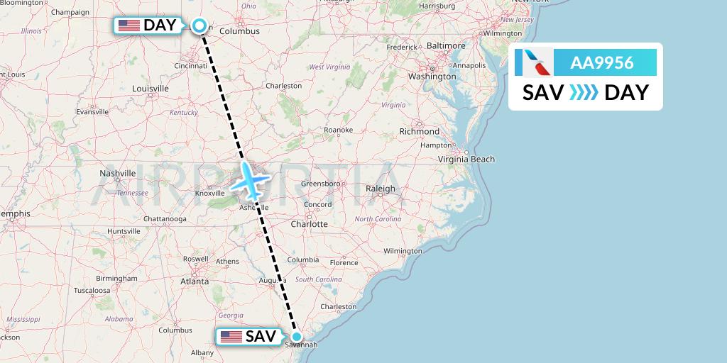 AA9956 American Airlines Flight Map: Savannah to Dayton
