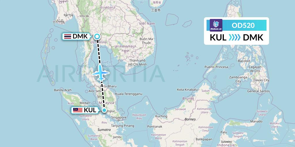 OD520 Batik Air Malaysia Flight Map: Kuala Lumpur to Bangkok