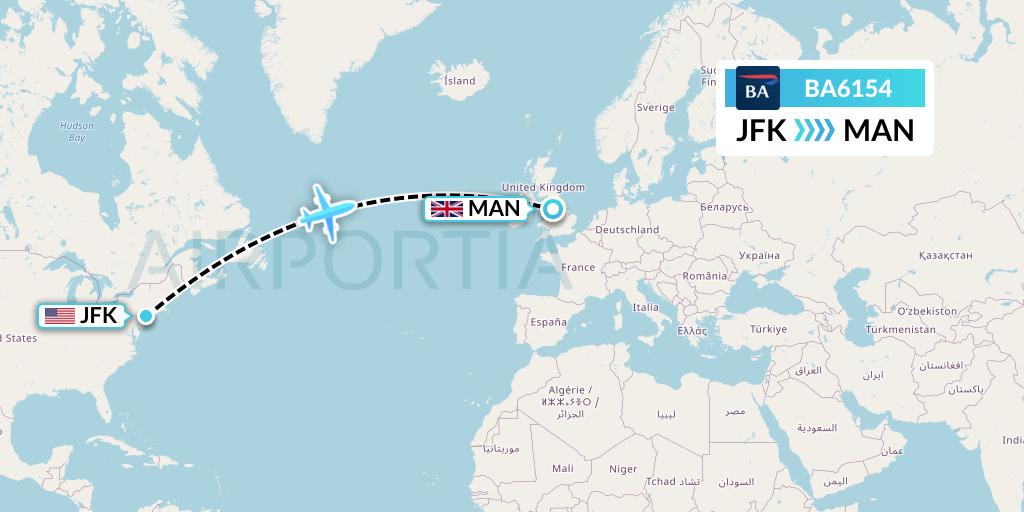 BA6154 British Airways Flight Map: New York to Manchester
