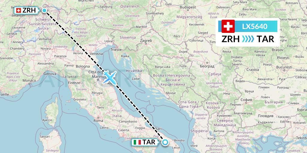 LX5640 Swiss Flight Map: Zurich to Taranto