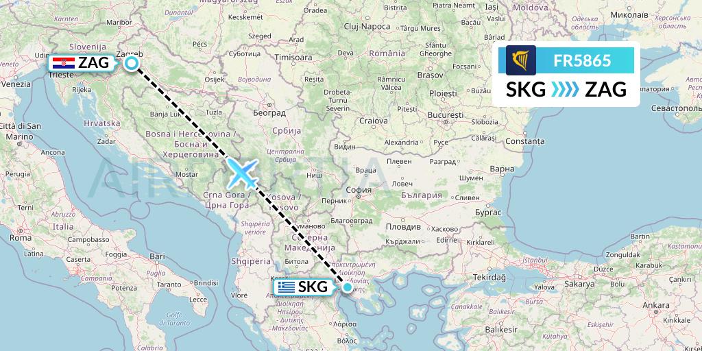 FR5865 Ryanair Flight Map: Thessaloniki to Zagreb