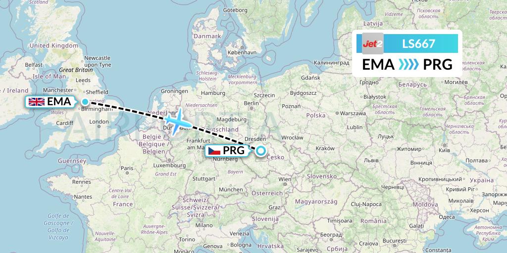 LS667 Jet2 Flight Map: East Midlands to Prague
