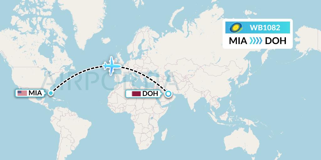 WB1082 RwandAir Flight Map: Miami to Doha