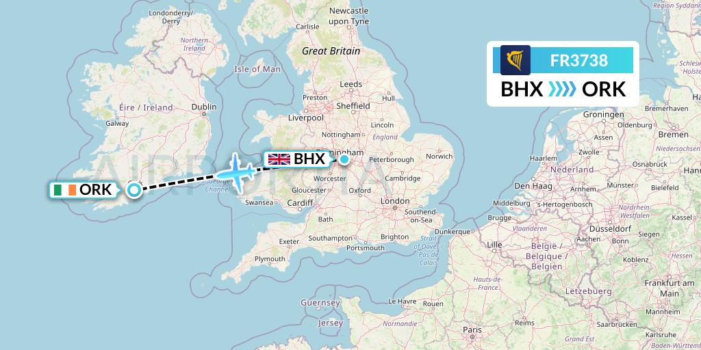 FR3738 Ryanair Flight Map: Birmingham to Cork