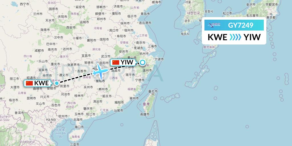 GY7249 Colorful GuiZhou Airlines Flight Map: Guiyang to Yiwu