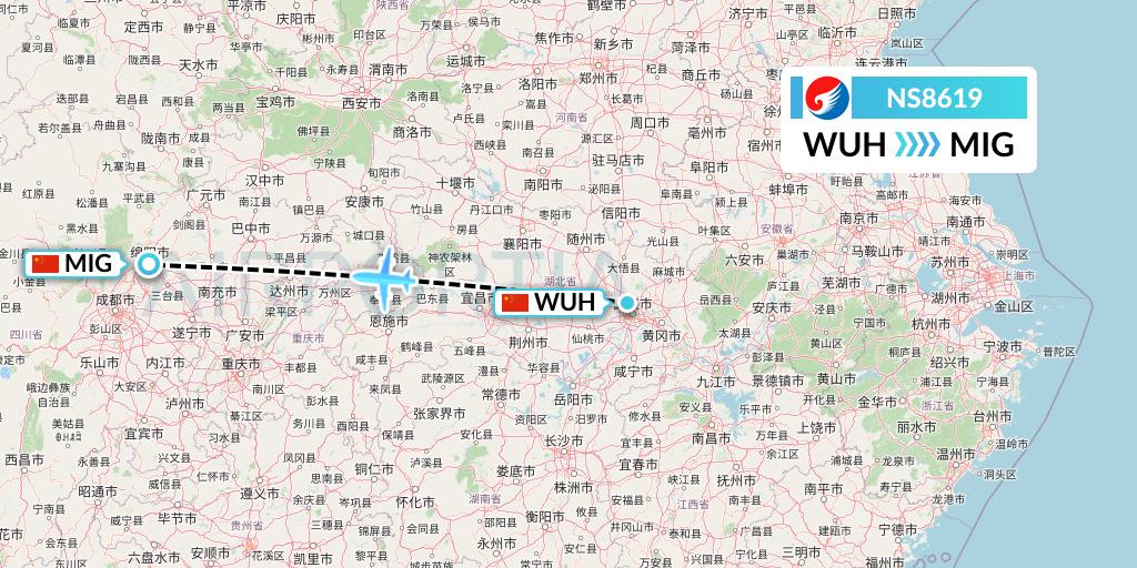 NS8619 Hebei Airlines Flight Map: Wuhan to Mianyang