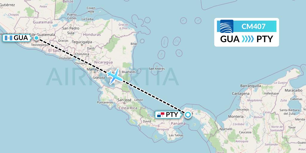 CM407 Copa Airlines Flight Map: Guatemala City to Panama City