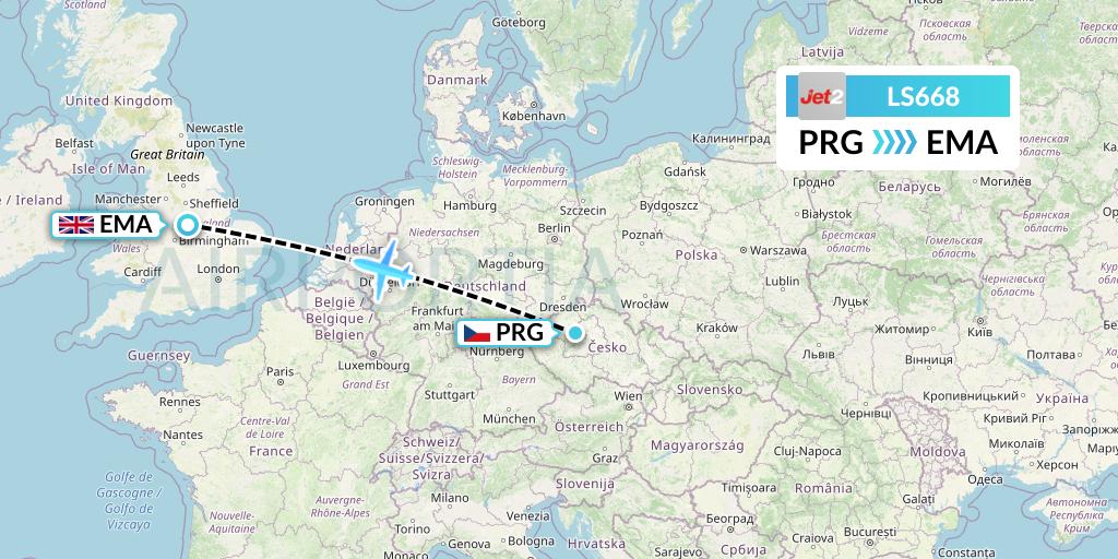 LS668 Jet2 Flight Map: Prague to East Midlands