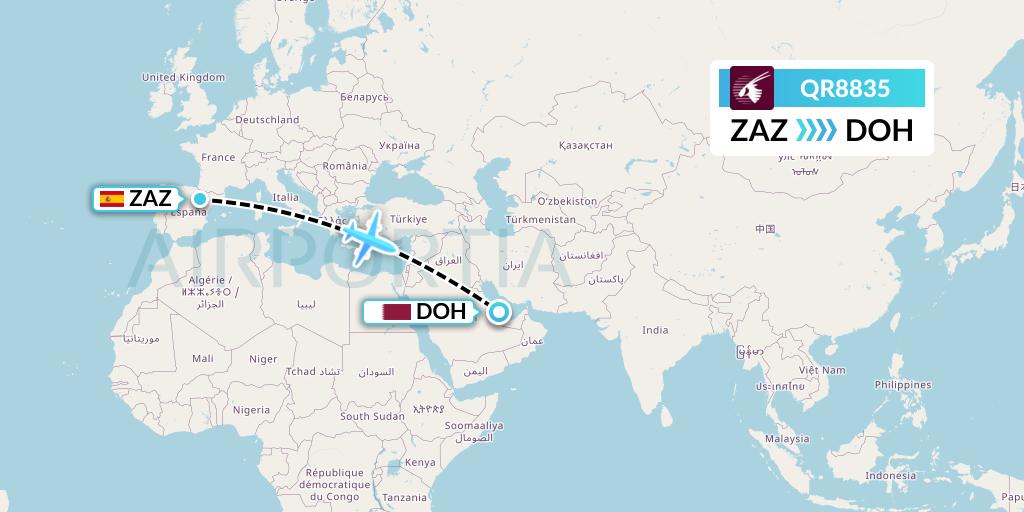 QR8835 Qatar Airways Flight Map: Zaragoza to Doha