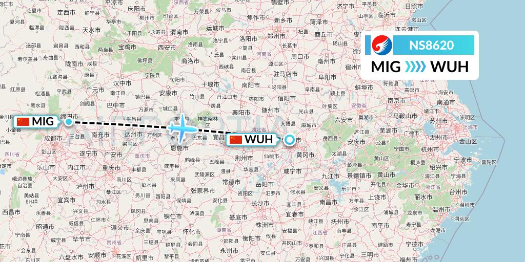 NS8620 Hebei Airlines Flight Map: Mianyang to Wuhan