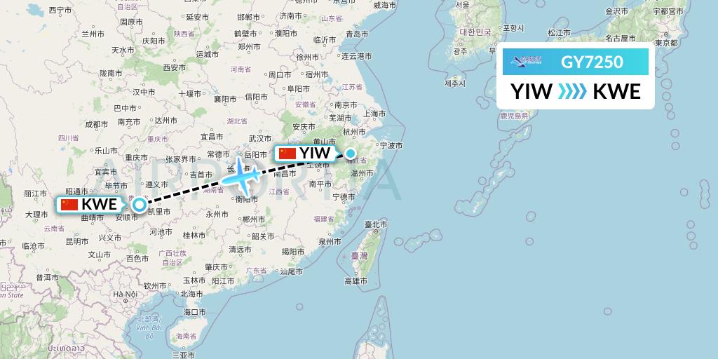 GY7250 Colorful GuiZhou Airlines Flight Map: Yiwu to Guiyang