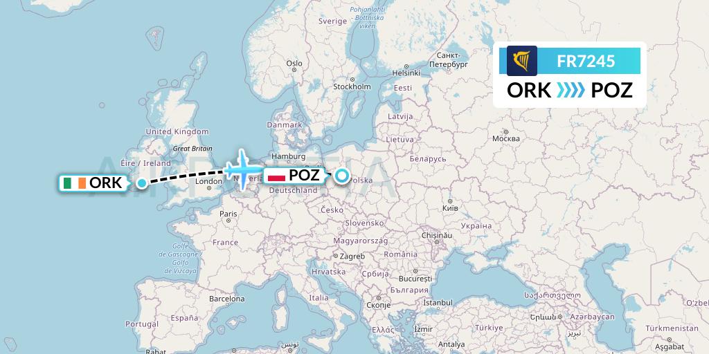 FR7245 Ryanair Flight Map: Cork to Poznan