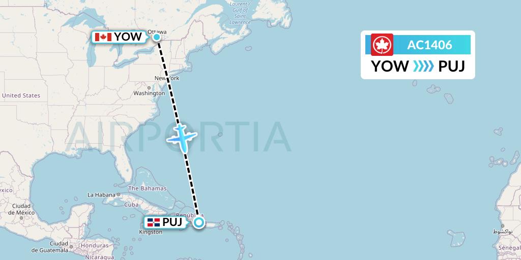 AC1406 Air Canada Flight Map: Ottawa to Punta Cana