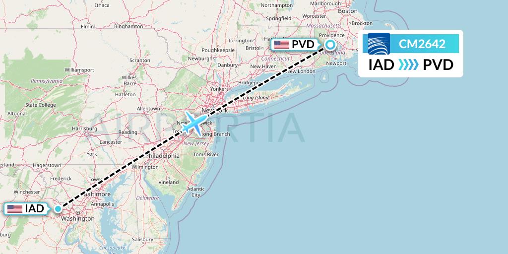 CM2642 Copa Airlines Flight Map: Washington to Providence