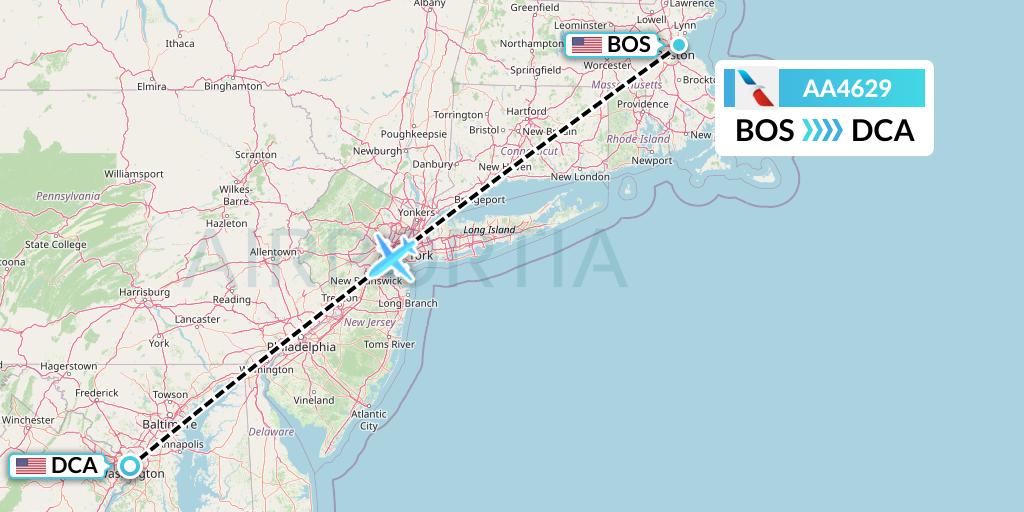 AA4629 American Airlines Flight Map: Boston to Washington