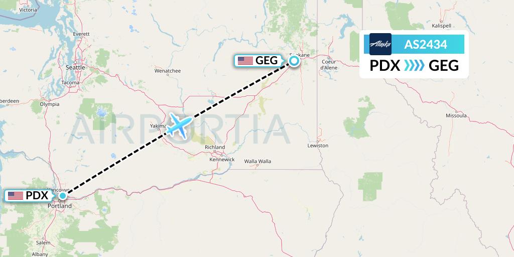 AS2434 Alaska Airlines Flight Map: Portland to Spokane