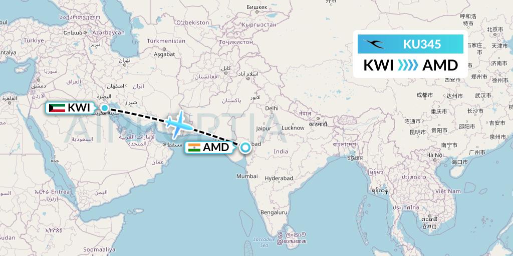 KU345 Kuwait Airways Flight Map: Kuwait City to Ahmedabad