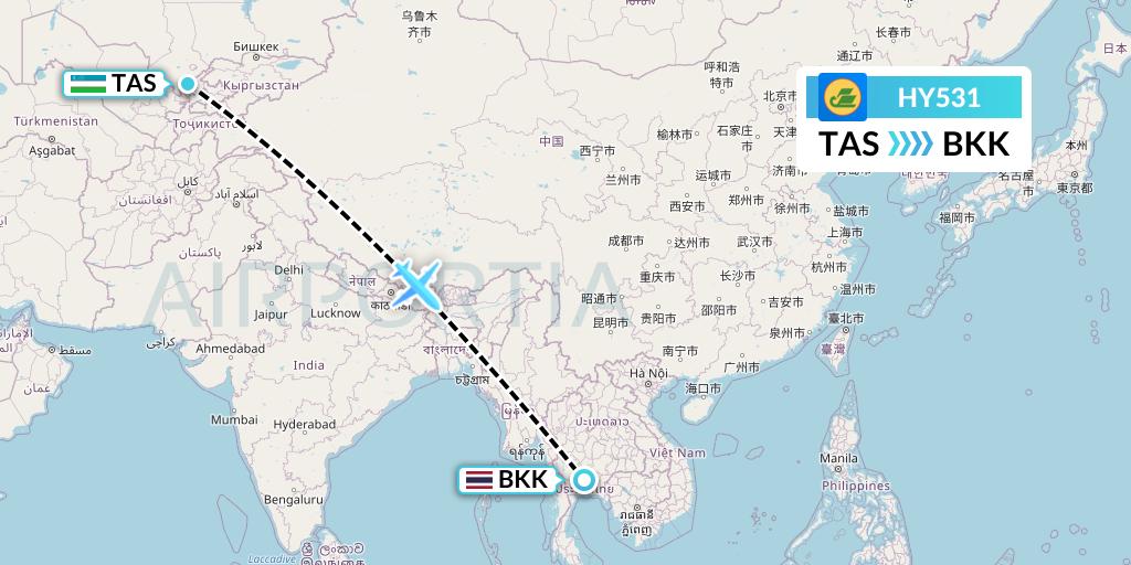 HY531 Uzbekistan Airways Flight Map: Tashkent to Bangkok