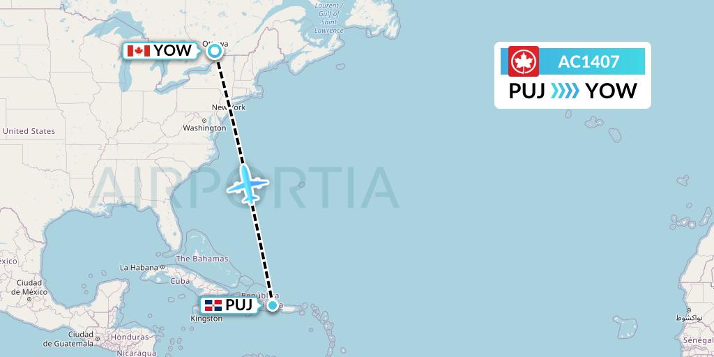 AC1407 Air Canada Flight Map: Punta Cana to Ottawa