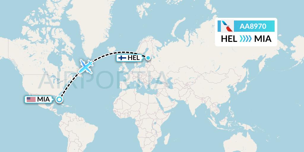 AA8970 American Airlines Flight Map: Helsinki to Miami