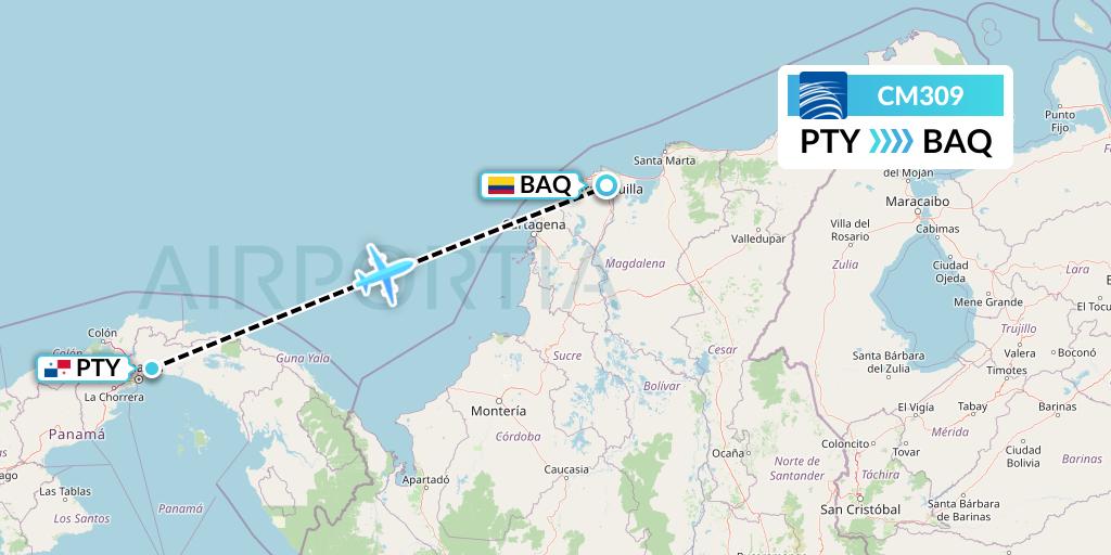 CM309 Copa Airlines Flight Map: Panama City to Barranquilla