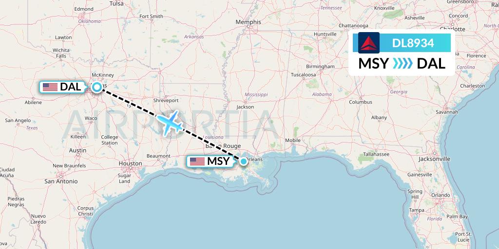 DL8934 Delta Air Lines Flight Map: New Orleans to Dallas