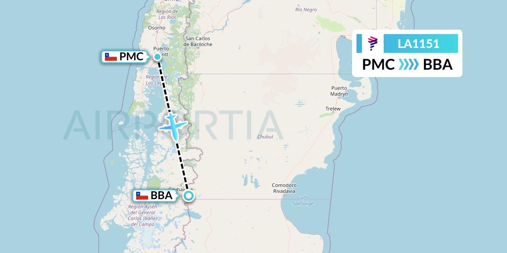 LA1151 LAN Airlines Flight Map: Puerto Montt to Balmaceda