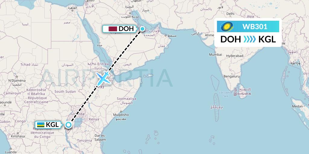 WB301 RwandAir Flight Map: Doha to Kigali