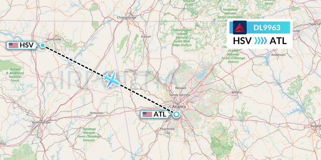 DL9963 Delta Air Lines Flight Map: Huntsville to Atlanta