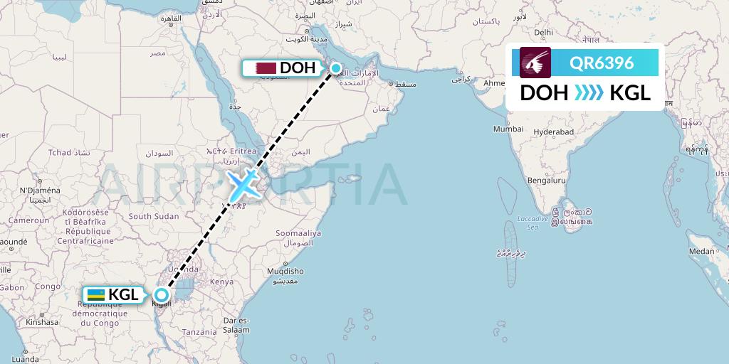 QR6396 Qatar Airways Flight Map: Doha to Kigali