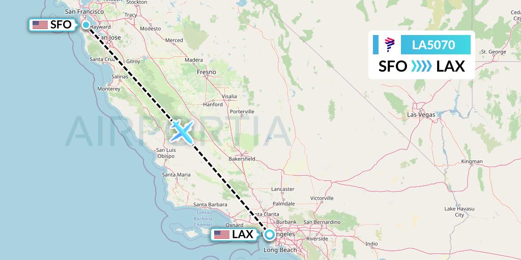 LA5070 LAN Airlines Flight Map: San Francisco to Los Angeles