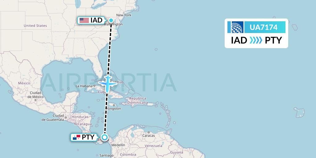 UA7174 United Airlines Flight Map: Washington to Panama City