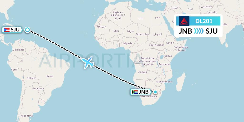 DL201 Delta Air Lines Flight Map: Johannesburg to San Juan