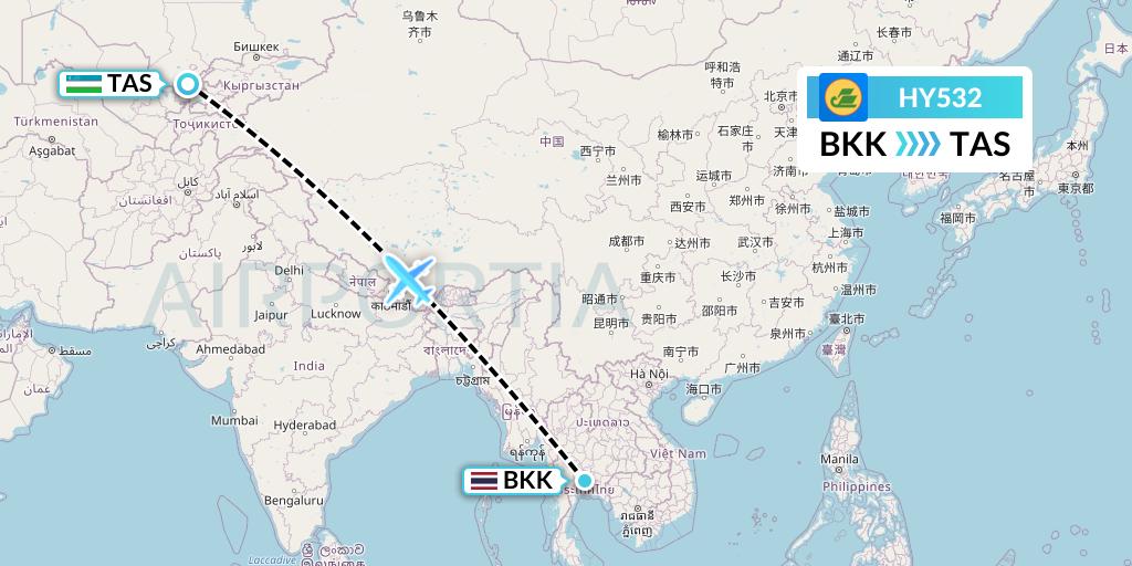 HY532 Uzbekistan Airways Flight Map: Bangkok to Tashkent