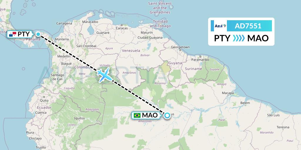 AD7551 Azul Brazilian Airlines Flight Map: Panama City to Manaus