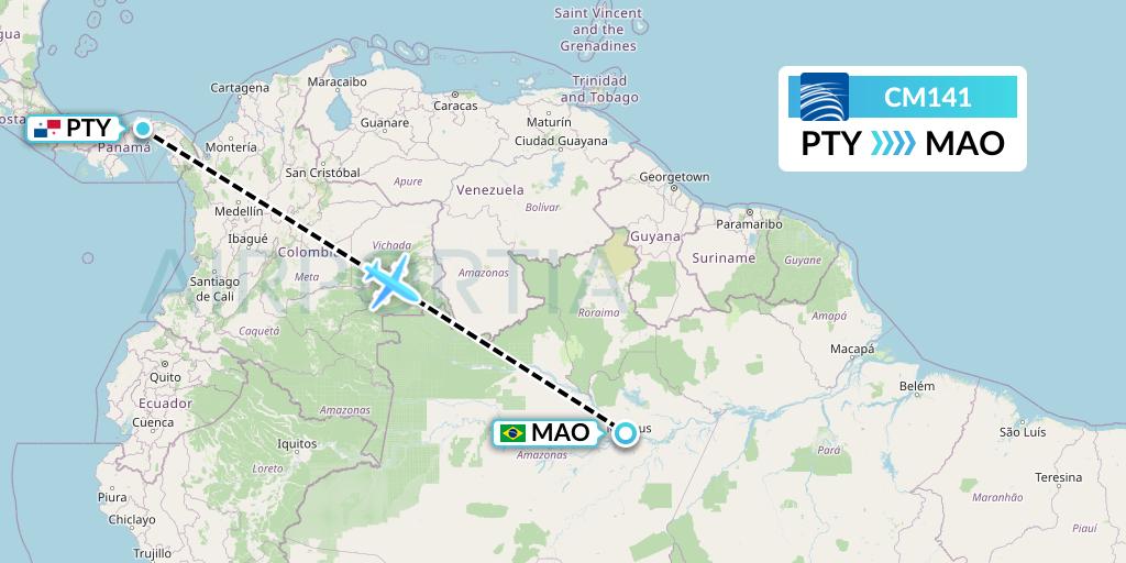 CM141 Copa Airlines Flight Map: Panama City to Manaus