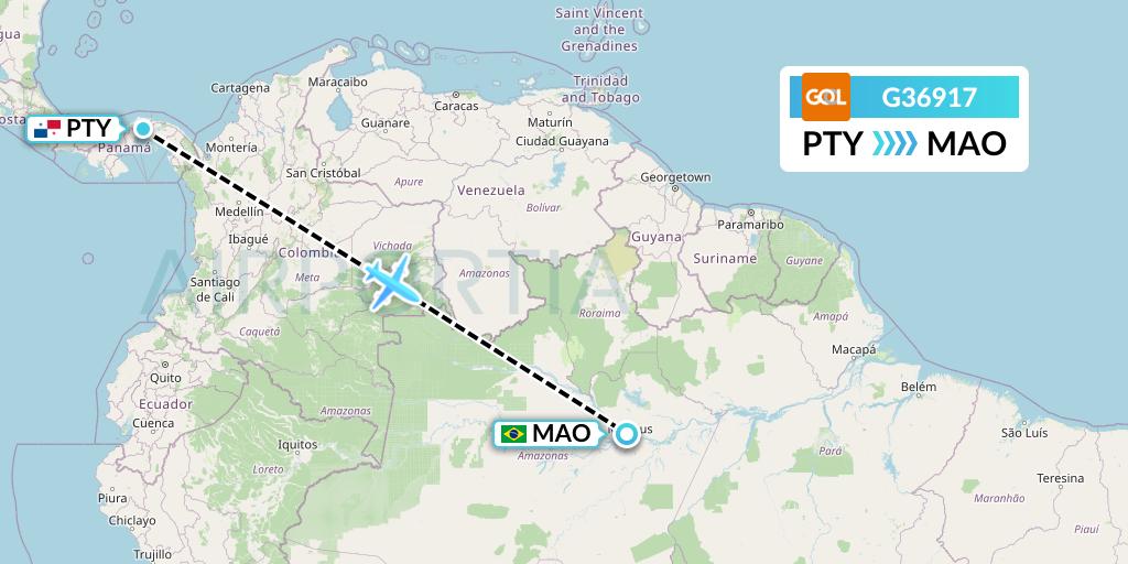 G36917 GOL Transportes Aeros Flight Map: Panama City to Manaus
