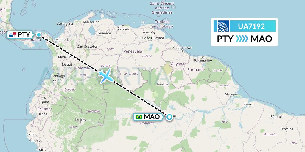UA7192 United Airlines Flight Map: Panama City to Manaus