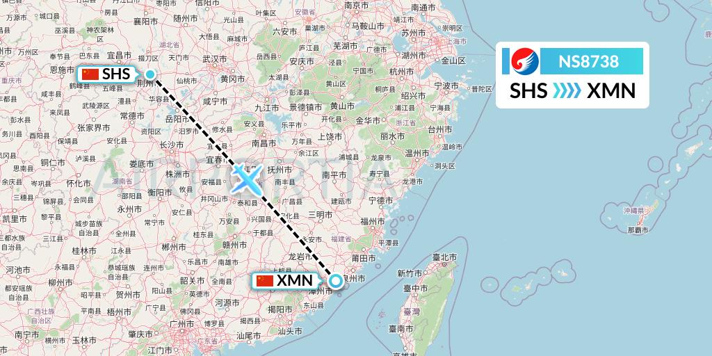 NS8738 Hebei Airlines Flight Map: Shashi to Xiamen