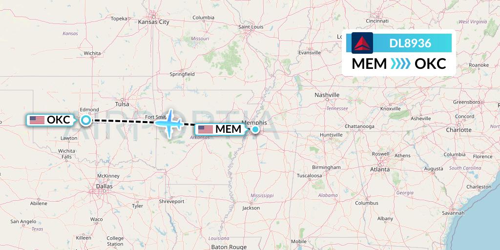 DL8936 Delta Air Lines Flight Map: Memphis to Oklahoma City