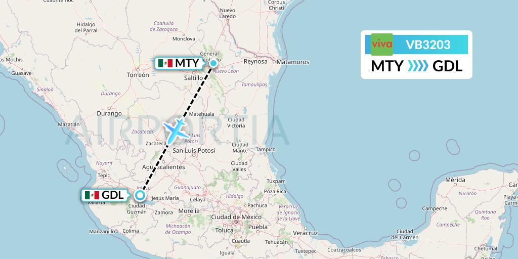 VB3203 VivaAerobus Flight Map: Monterrey to Guadalajara